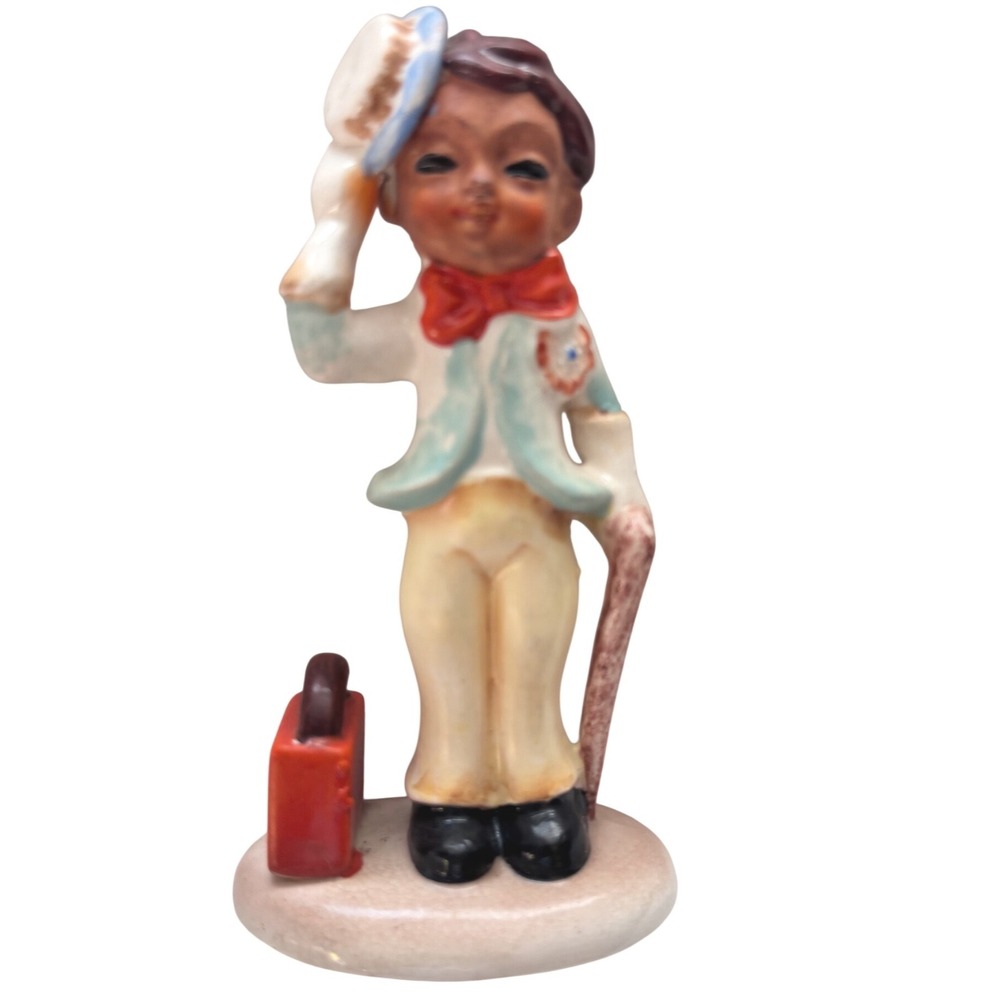 Vintage 6" Made in Japan Boy Traveler Figurine Hat Cane Suitcase Hand Painted